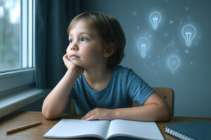 Bambino che guarda fuori dalla finestra durante lo studio, con scie luminose a simboleggiare la creatività nata da un momento di distrazione.