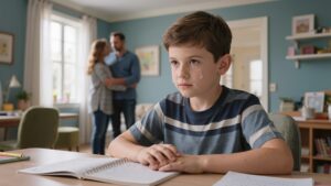 Bambino con una lacrima sul viso riflette su un insuccesso scolastico mentre i genitori gli restano vicini