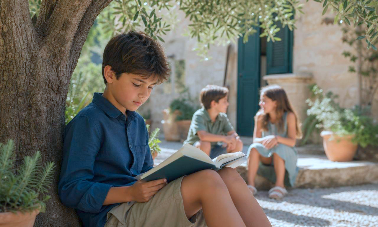 Un bambino legge assorto mentre sullo sfondo altri bambini dialogano nel c