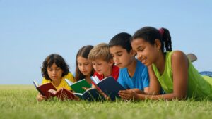 un gruppo di 5 bambini tra i 6 e i 10 anni leggono un libro stesi in un prato erboso a pancia in giù durante una giornata serena