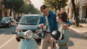 Un padre e il figlio adolescente si trovano accanto a una moto ferma