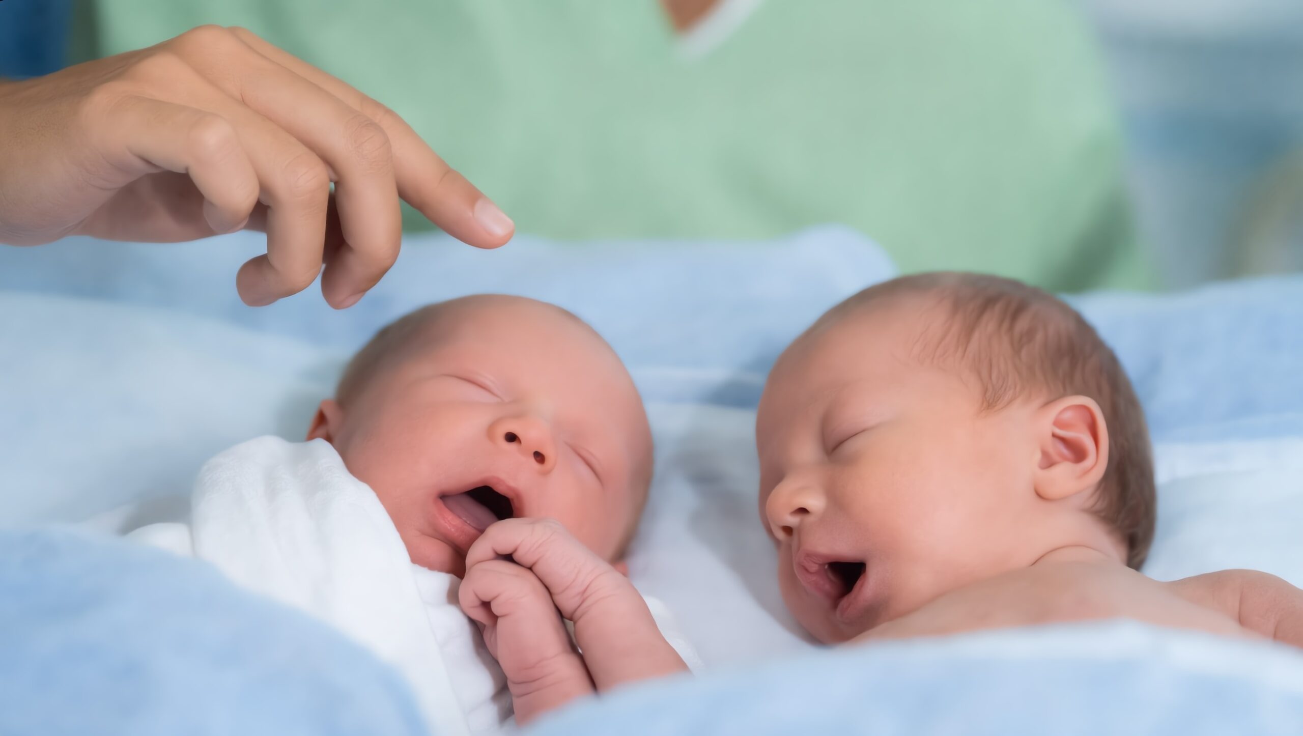 Una neonata e un neonato in salute riposano serenamente l'uno accanto all'altra in un ambiente pediatrico dalla luce soffusa, avvolti in coperte identiche dai colori neutri per evitare stereotipi di genere