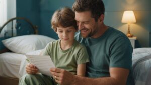 Padre che legge qualcosa al figlio che non riesce a dormire