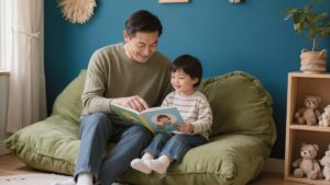 padre indica al figlio l'illustrazione sul libro