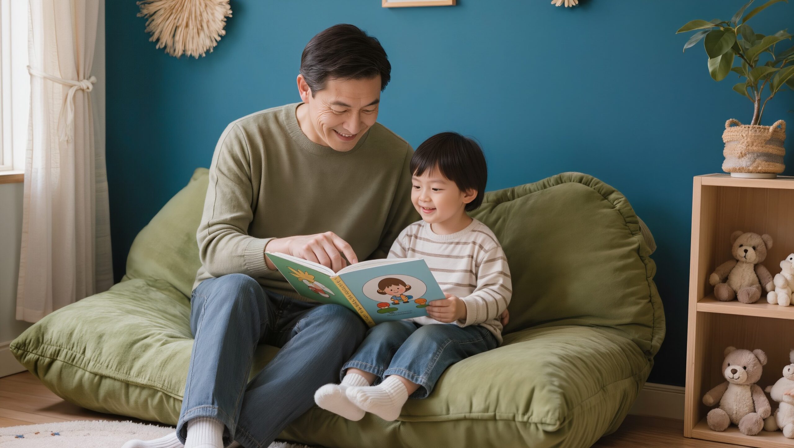 padre indica al figlio l'illustrazione sul libro