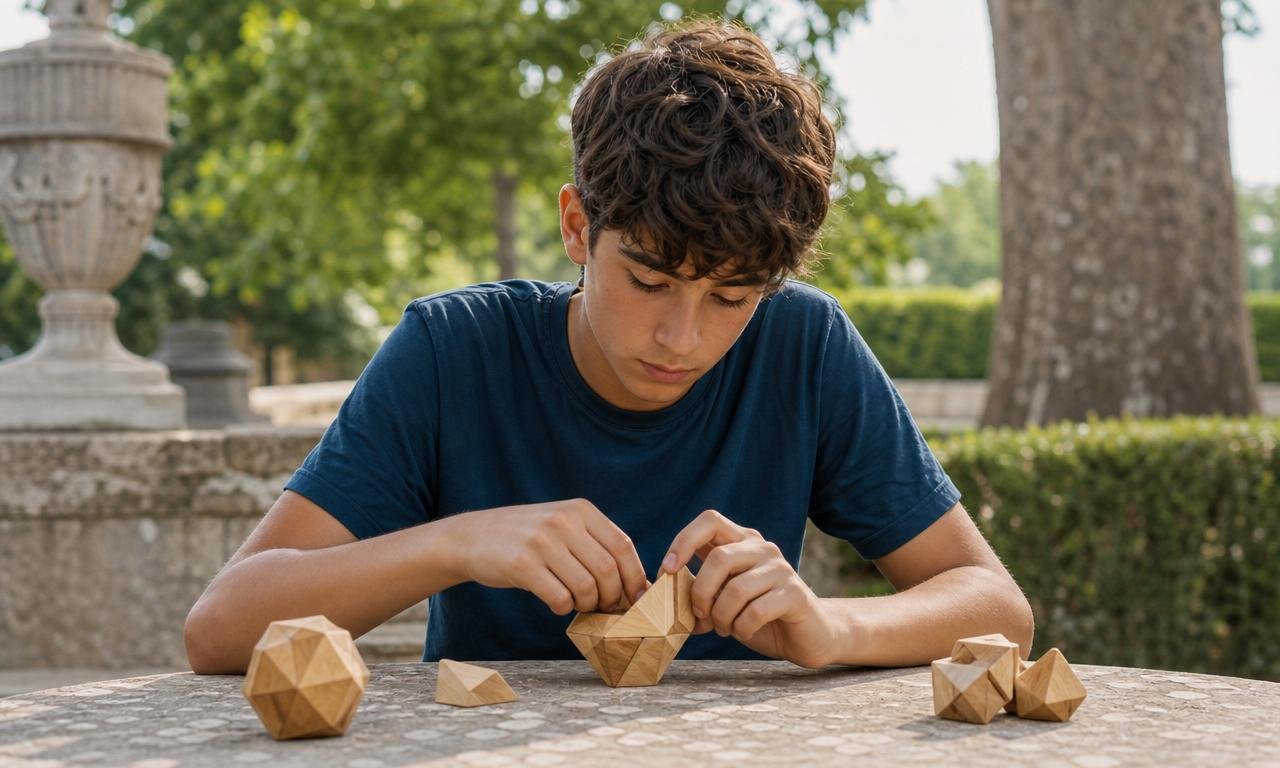 Un adolescente allena la mente con un rompicapo in un tranquillo giardino italiano.