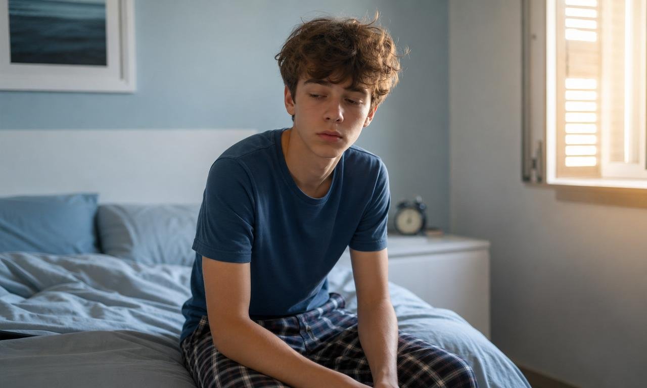 Adolescente assonnato sul letto mentre la luce dell’alba entra dalle persiane.