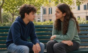 Due adolescenti conversano con attenzione su una panchina, coltivando un legame che protegge la salute.