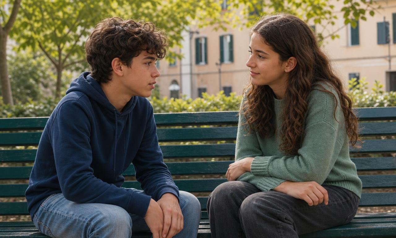 Due adolescenti conversano con attenzione su una panchina, coltivando un legame che protegge la salute.