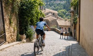 Un adolescente in bicicletta accelera in discesa, mentre gli amici lo osservano.