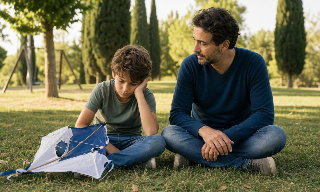 Un bambino affronta la delusione per un aquilone rotto accanto a un genitore.