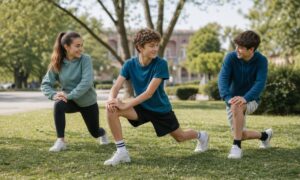 Tre adolescenti fanno insieme esercizi terapeutici in un tranquillo parco italiano.