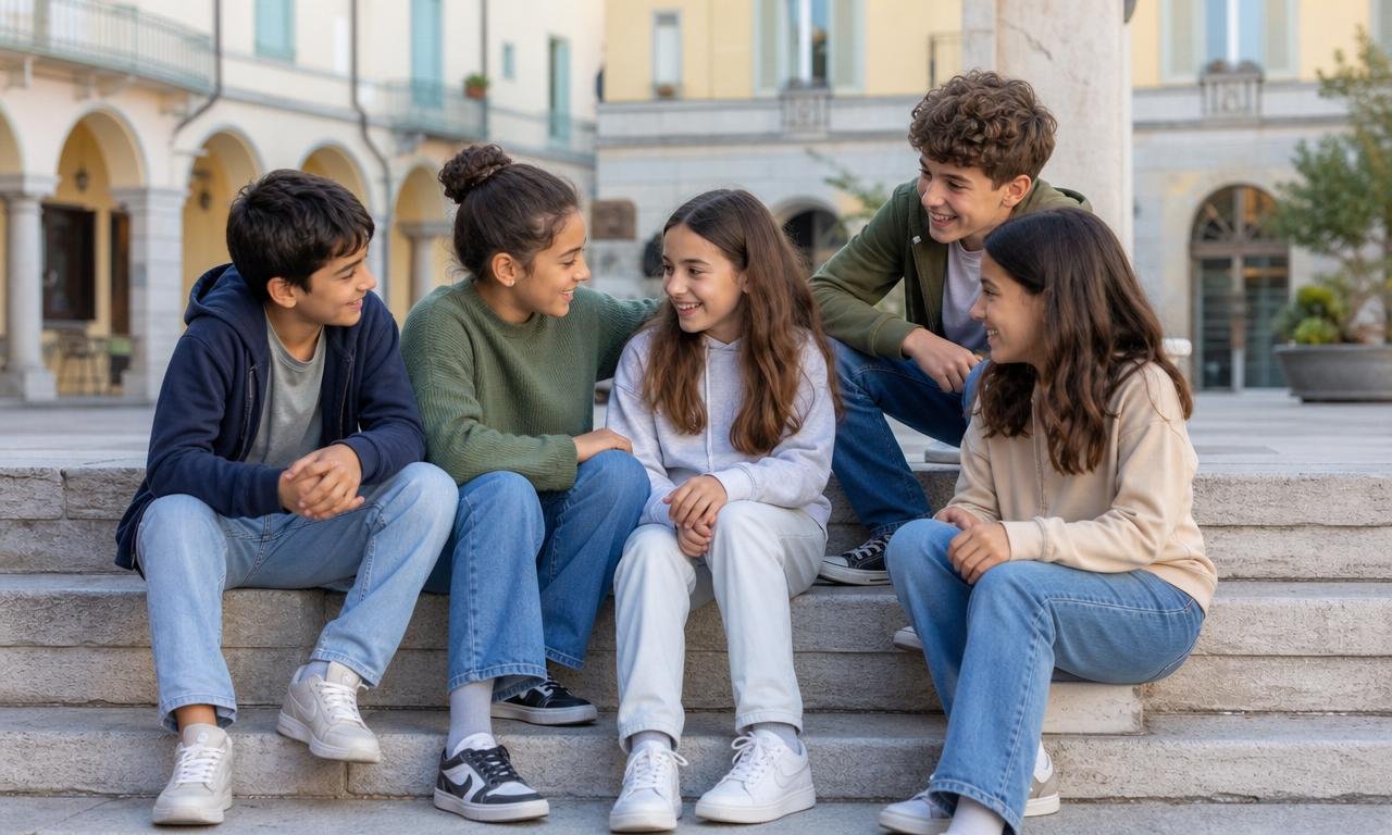 Un gruppo di preadolescenti condivide risate e complicità sui gradini di una piazza italiana.