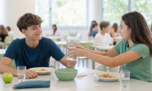 Due adolescenti comunicano una richiesta indiretta durante il pranzo nella mensa scolastica.
