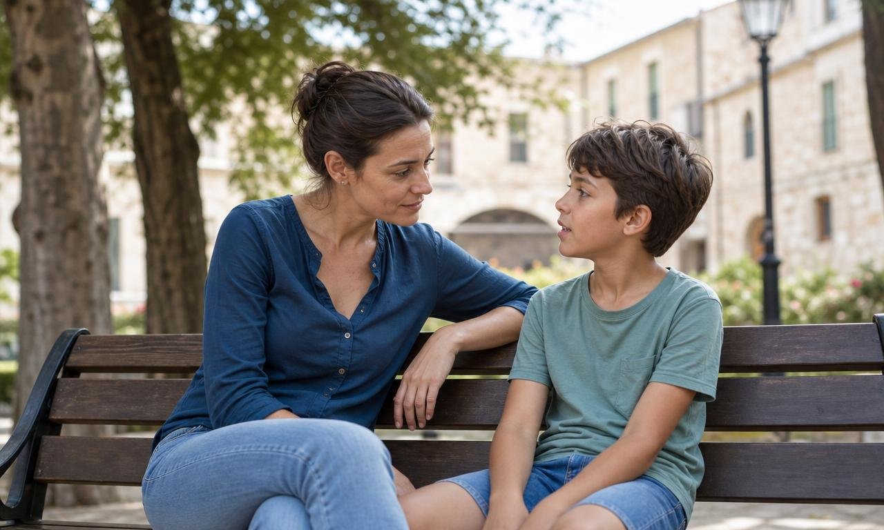 Un genitore ascolta con attenzione il bambino seduto su una panchina al parco.