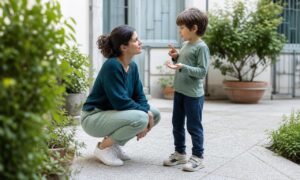 Un genitore ascolta con attenzione un bambino, inginocchiato alla sua altezza.