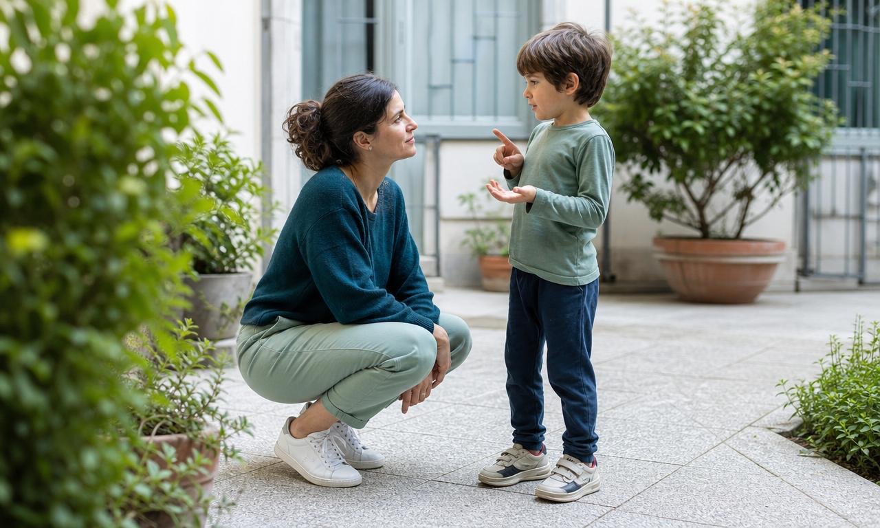 Un genitore ascolta con attenzione un bambino, inginocchiato alla sua altezza.