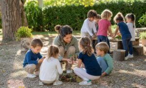 Bambini dell’asilo esplorano la natura in gruppi diversi con una maestra attenta.