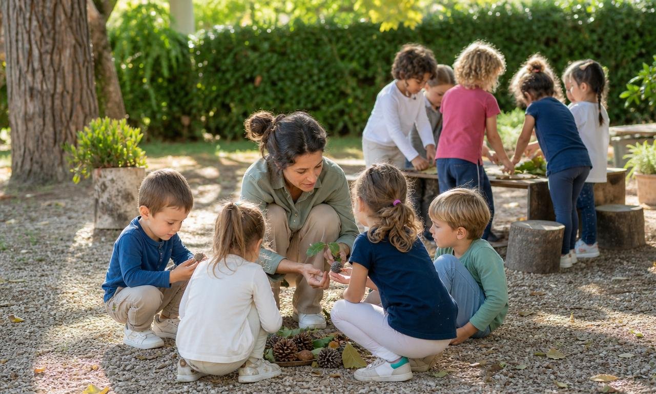 Bambini dell’asilo esplorano la natura in gruppi diversi con una maestra attenta.