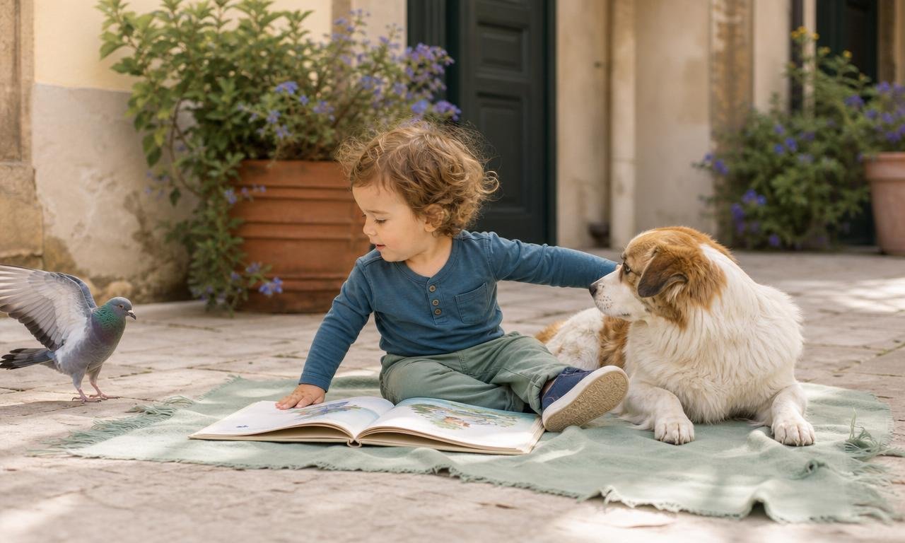 Un bambino osserva un piccione mentre accarezza il cane accanto a un libro illustrato.