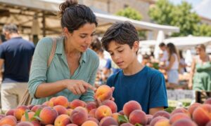 Una bambina osserva attentamente una pesca indicata dal genitore in un mercato italiano.