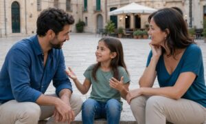 Bambina bilingue conversa serenamente con i genitori in una tranquilla piazza italiana.