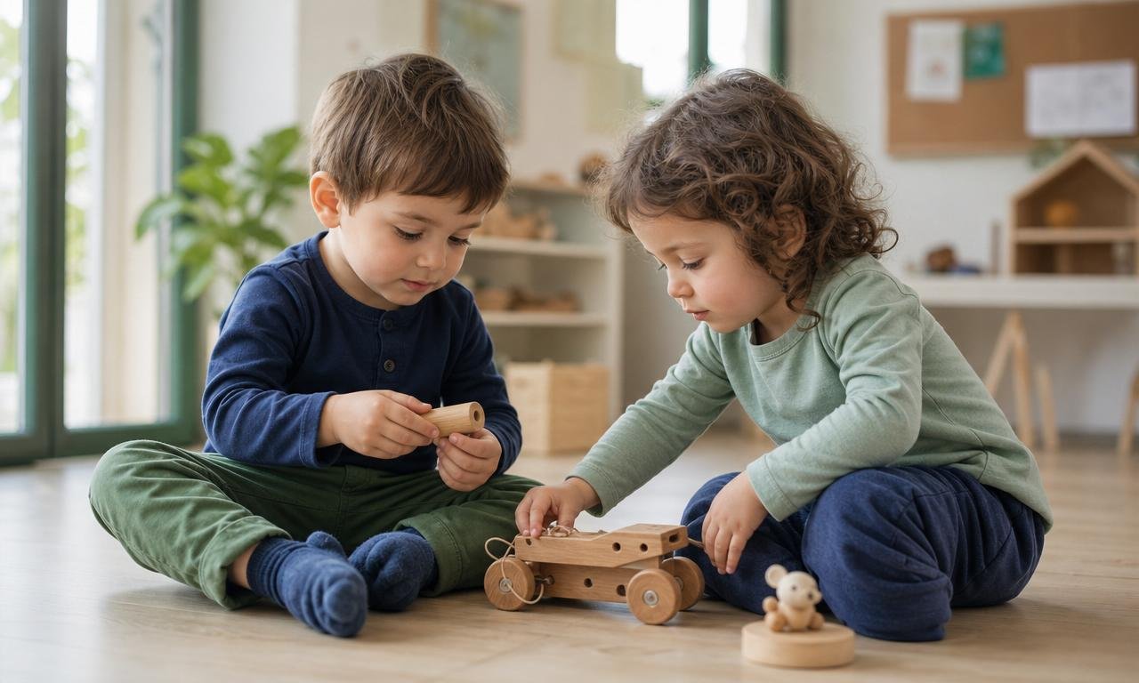 Due bambini di tre anni collaborano per riparare insieme un semplice gioco di legno.