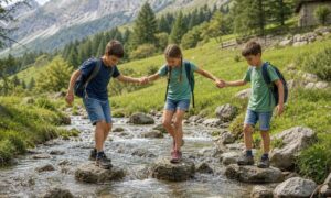 Tre bambini collaborano per attraversare un torrente tra le montagne italiane.
