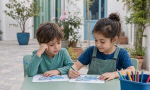 Due bambini confrontano disegni uguali, riflettendo sul valore e sulla proprietà delle idee.