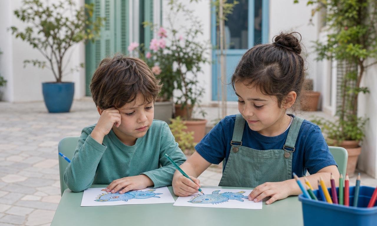 Due bambini confrontano disegni uguali, riflettendo sul valore e sulla proprietà delle idee.
