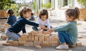 Bambini di tre e quattro anni costruiscono insieme nel giardino dell’asilo.