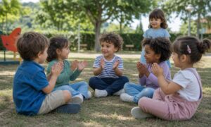 Bambini di tre anni condividono un gioco di gruppo in un parco italiano.