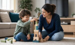 Bambino e genitore giocano insieme, mentre la televisione resta spenta sullo sfondo.