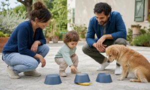 Un bambino indica una ciotola mentre un cane segue attentamente il suo gesto.