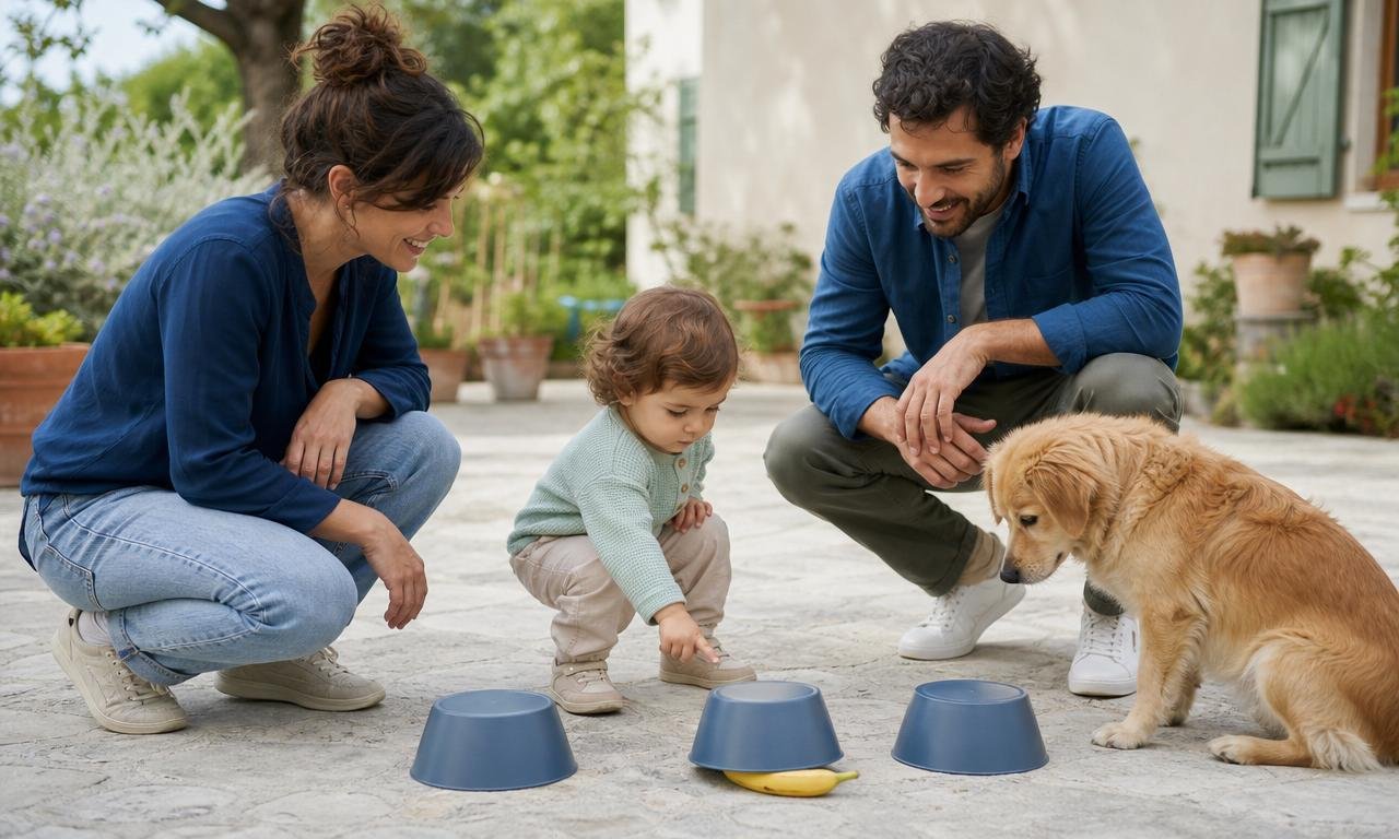 Un bambino indica una ciotola mentre un cane segue attentamente il suo gesto.