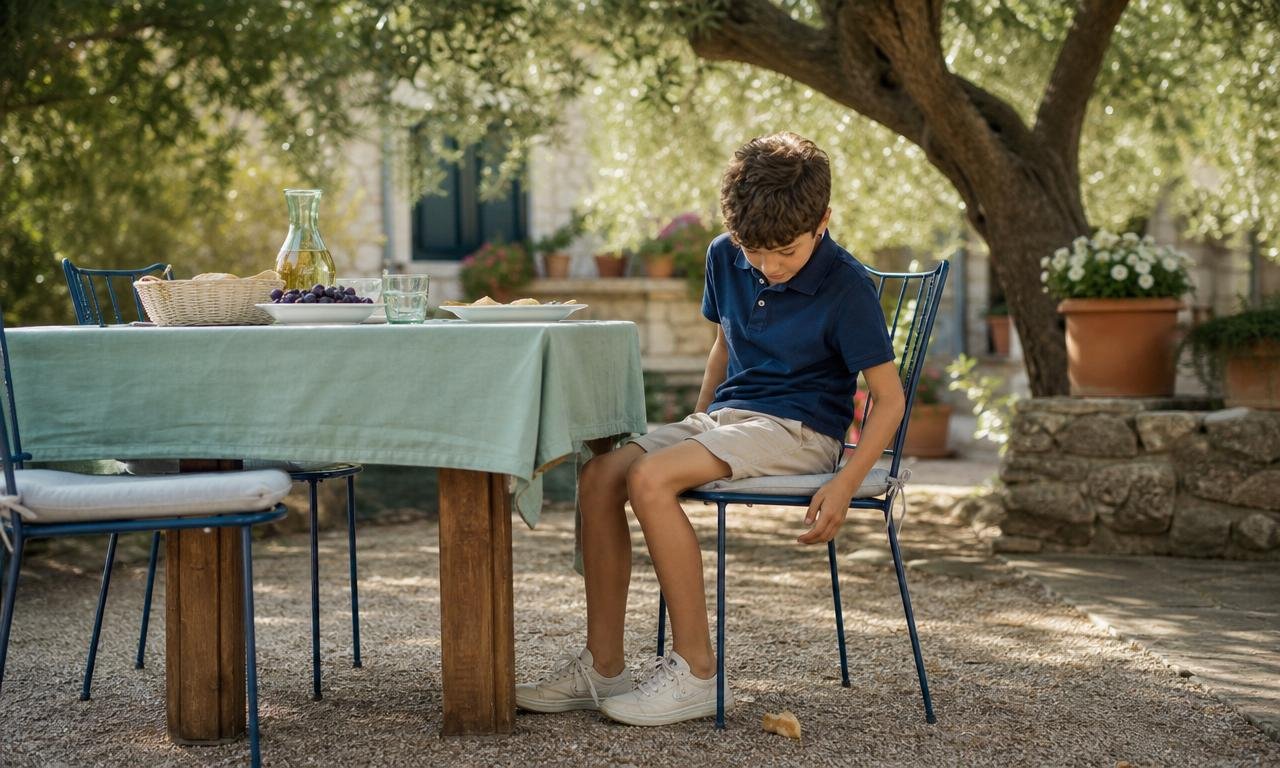 Bambino seduto composto osserva un pezzo di pane caduto sotto il tavolo.