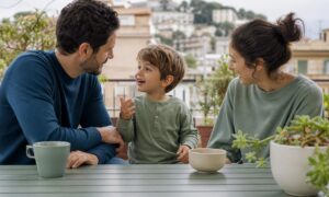 Un bambino interviene nella conversazione mentre i genitori lo ascoltano con attenzione.