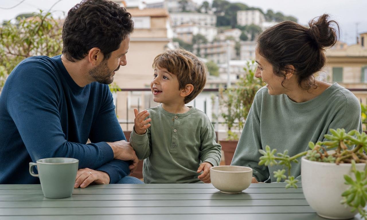 Un bambino interviene nella conversazione mentre i genitori lo ascoltano con attenzione.