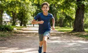 Bambino corre energicamente al parco, sudando durante una breve attività fisica intensa.