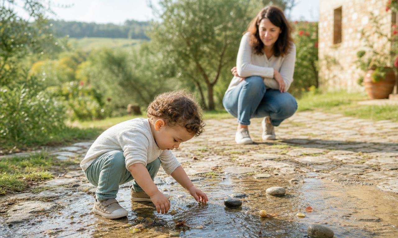 Un bambino esplora acqua, foglie e sassi mentre un genitore veglia poco distante.