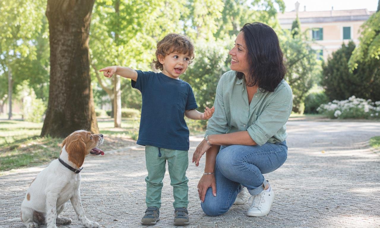 Bambino indica un cane e gesticola mentre il genitore lo ascolta sorridendo.
