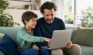 Un bambino insegna con pazienza a un genitore come usare il computer.