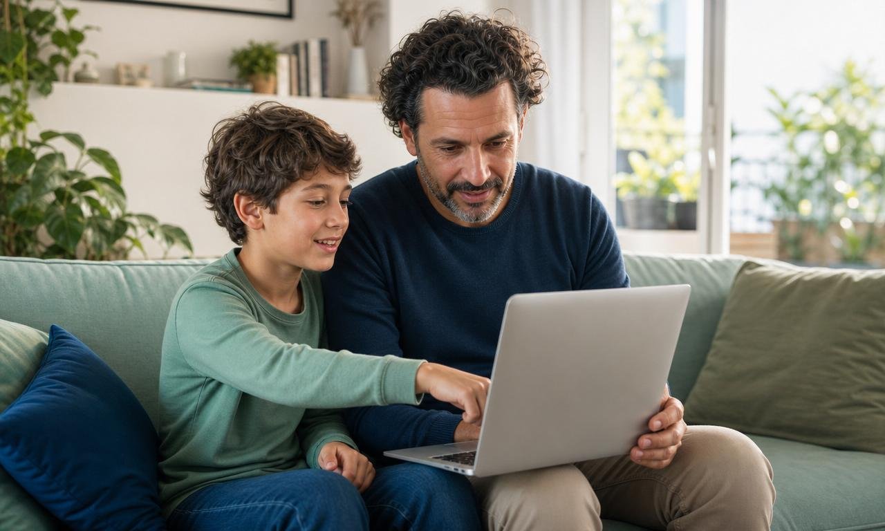 Un bambino insegna con pazienza a un genitore come usare il computer.