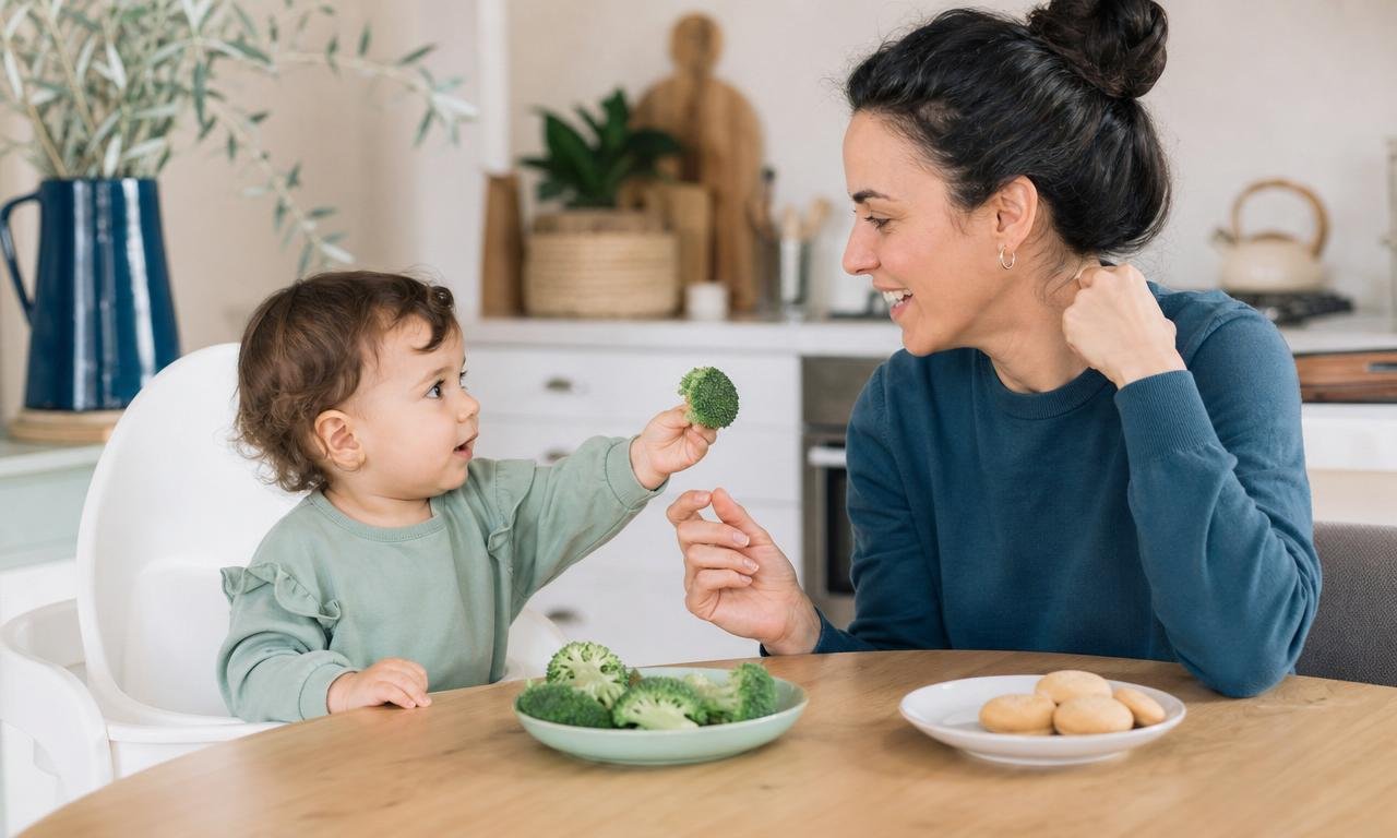 Bambino di diciotto mesi offre un broccolo a un adulto seduto a tavola.