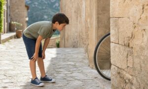 Un bambino osserva attentamente una ruota di bicicletta nascosta dietro un muro.