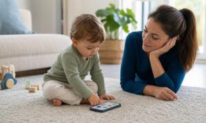 Bambino piccolo tocca uno smartphone mentre un genitore osserva con attenzione.
