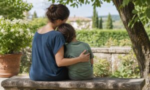 Una carezza lenta e sincera rassicura un bambino in un tranquillo giardino italiano.