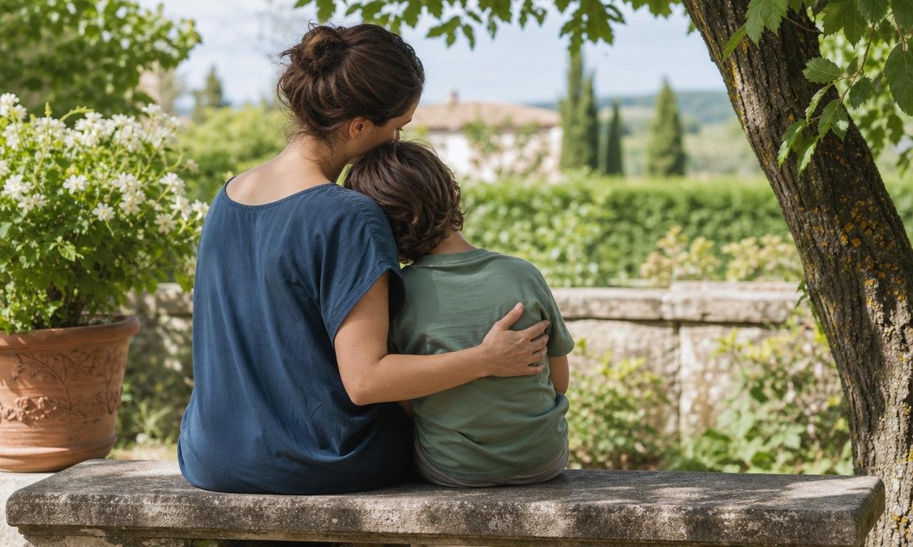 Una carezza lenta e sincera rassicura un bambino in un tranquillo giardino italiano.