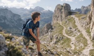 Un giovane escursionista si ferma a riflettere durante una salita sulle Dolomiti.