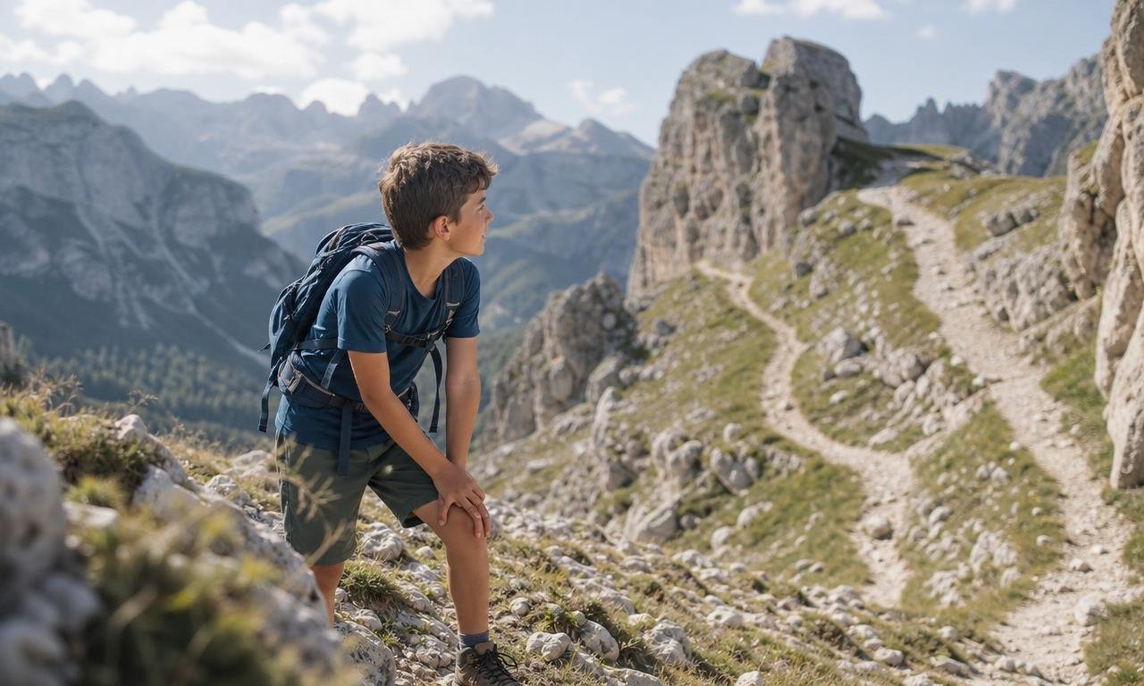 Un giovane escursionista si ferma a riflettere durante una salita sulle Dolomiti.